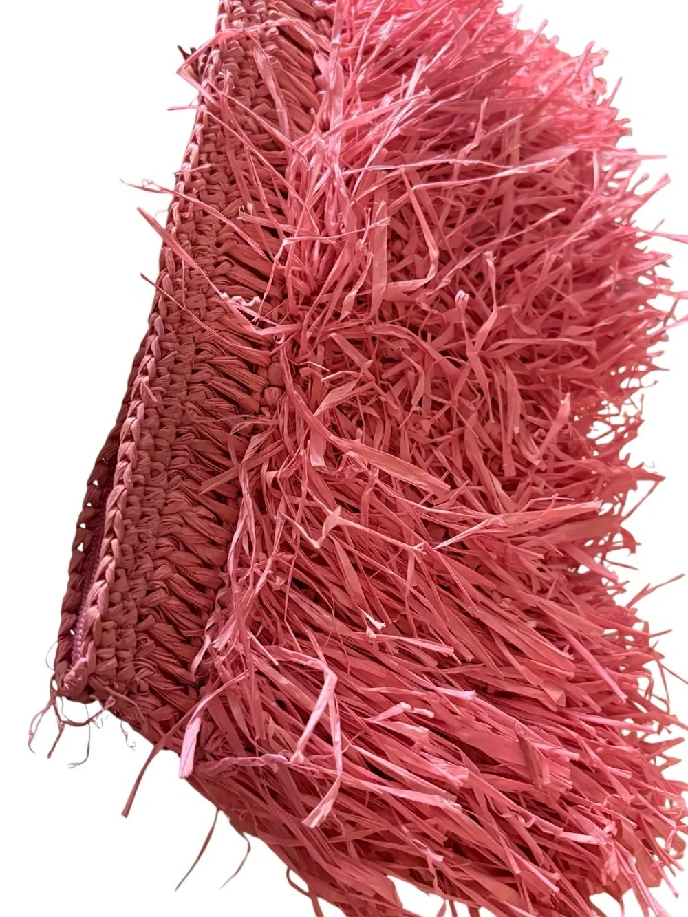 Pink Raffia Fringe Clutch with Tassel